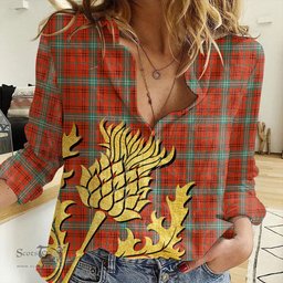 ScotsTee Shop Scottish Morrison Red Ancient Clan Tartan Women Casual Shirt - Golden Thistle Style