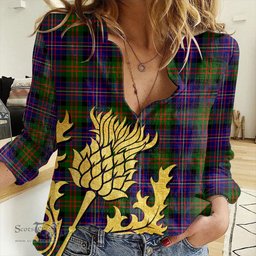 ScotsTee Shop Scottish Cameron of Erracht Modern Clan Tartan Women Casual Shirt - Golden Thistle Style