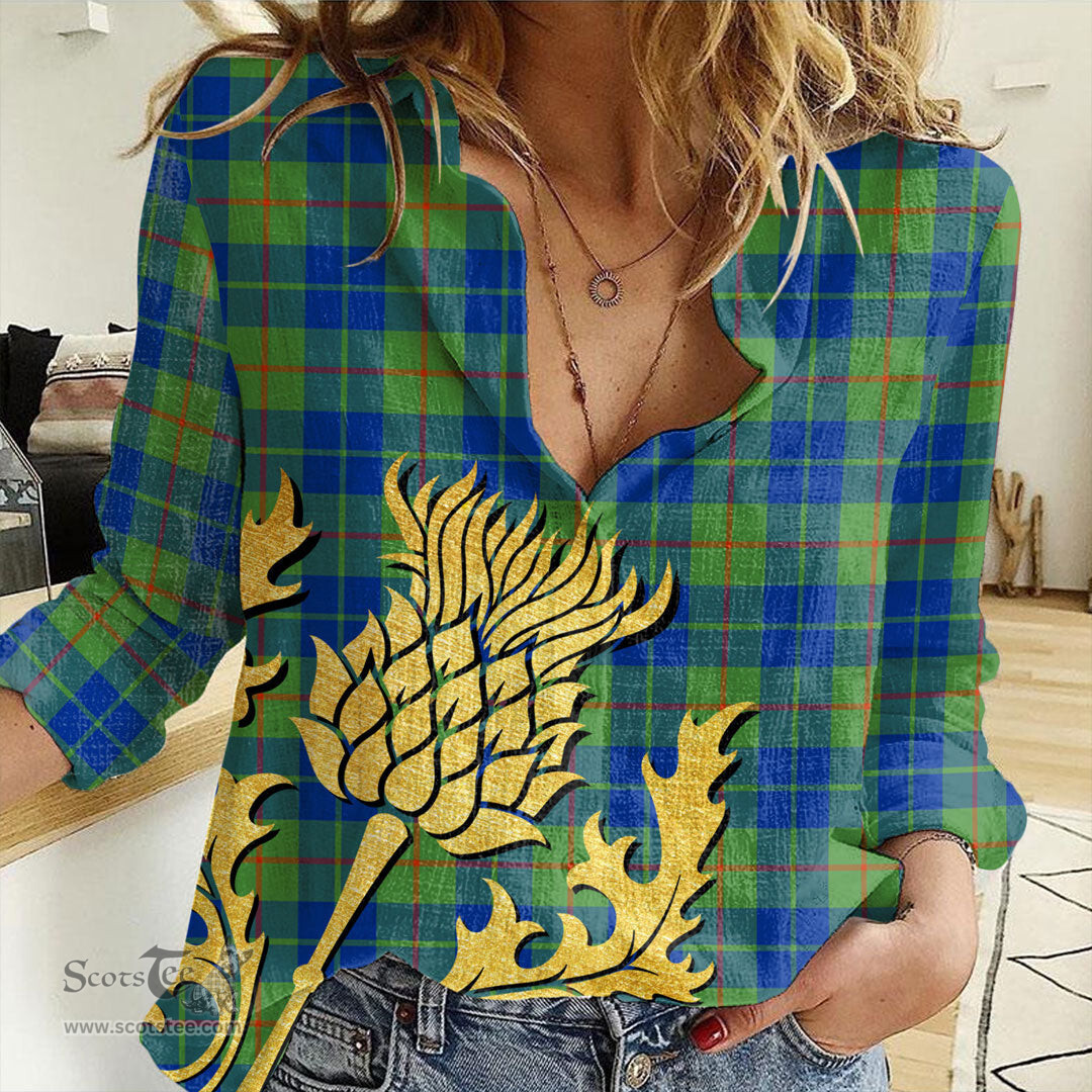 ScotsTee Shop Scottish Barclay Hunting Ancient Clan Tartan Women Casual Shirt - Golden Thistle Style