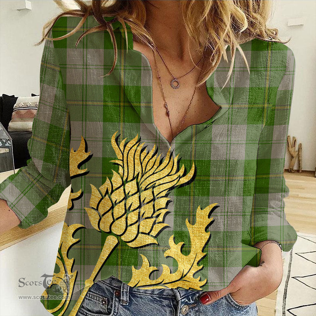 ScotsTee Shop Scottish Cunningham Dress Green Dancers Clan Tartan Women Casual Shirt - Golden Thistle Style