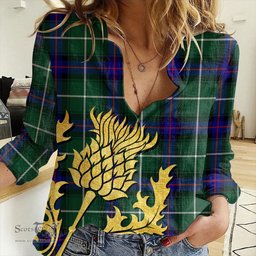 ScotsTee Shop Scottish MacDonald of the Isles Hunting Modern Clan Tartan Women Casual Shirt - Golden Thistle Style