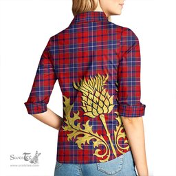 ScotsTee Shop Scottish Wishart Dress Clan Tartan Women Casual Shirt - Golden Thistle Style