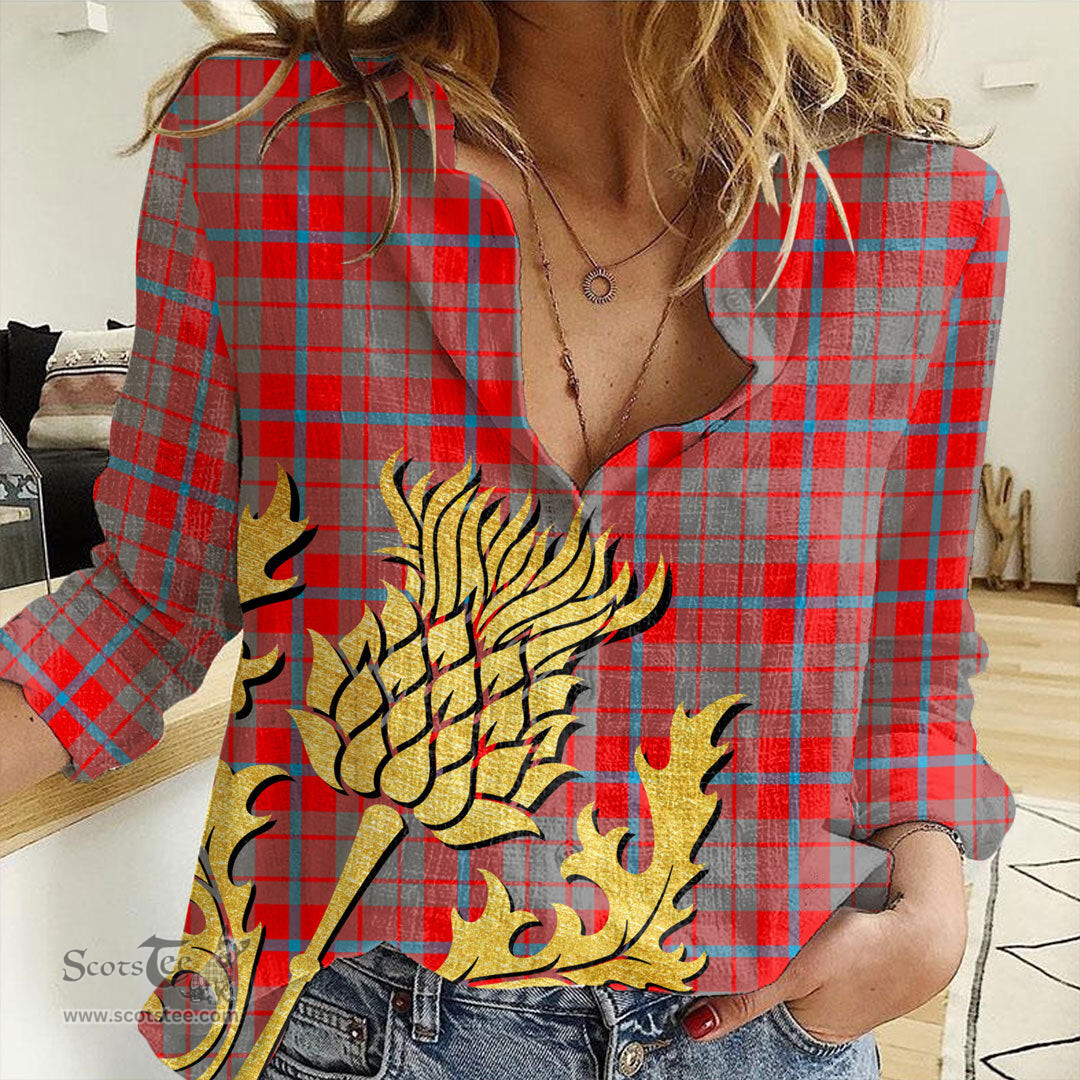 ScotsTee Shop Scottish Moubray Clan Tartan Women Casual Shirt - Golden Thistle Style