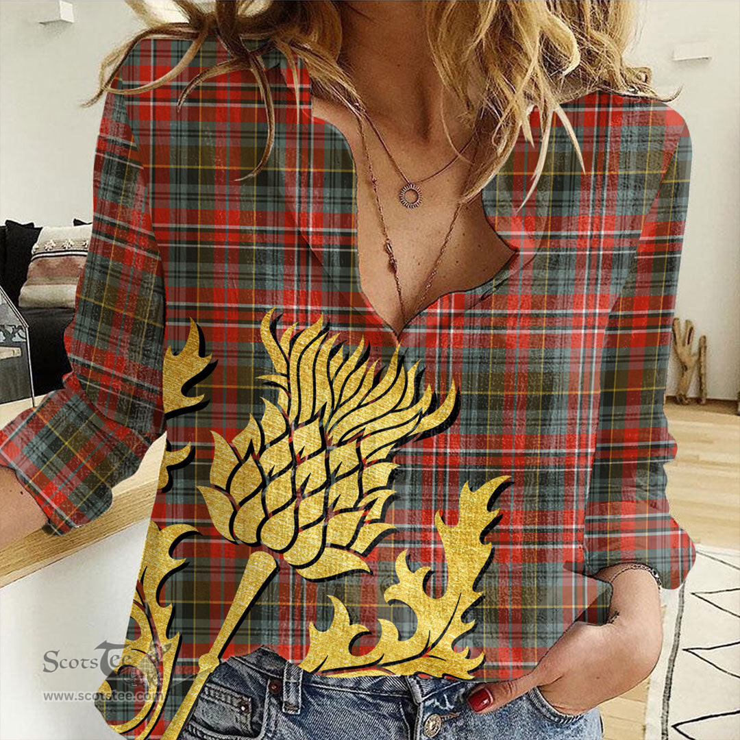 ScotsTee Shop Scottish MacPherson Weathered Clan Tartan Women Casual Shirt - Golden Thistle Style