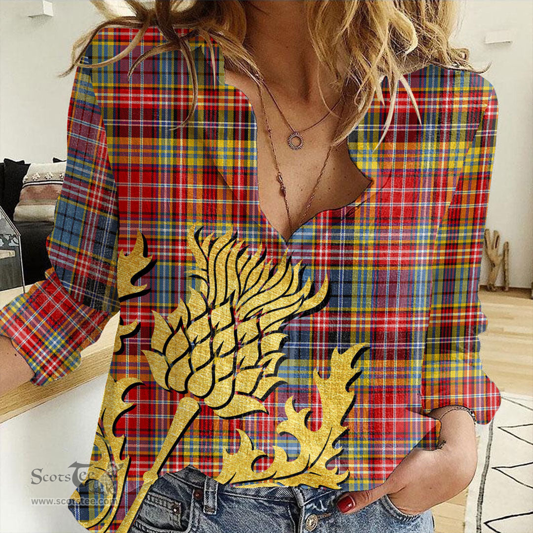 ScotsTee Shop Scottish Drummond of Strathallan Clan Tartan Women Casual Shirt - Golden Thistle Style