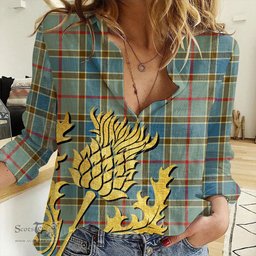ScotsTee Shop Scottish Balfour Blue Clan Tartan Women Casual Shirt - Golden Thistle Style