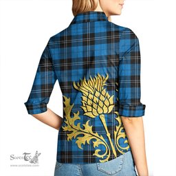 ScotsTee Shop Scottish Ramsay Blue Ancient Clan Tartan Women Casual Shirt - Golden Thistle Style