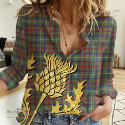ScotsTee Shop Scottish Shaw Green Modern Clan Tartan Women Casual Shirt - Golden Thistle Style