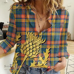 ScotsTee Shop Scottish Buchanan Ancient Clan Tartan Women Casual Shirt - Golden Thistle Style