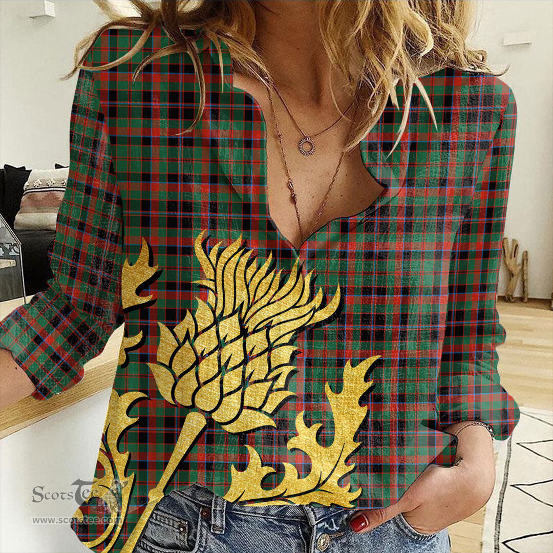 ScotsTee Shop Scottish Cumming Hunting Ancient Clan Tartan Women Casual Shirt - Golden Thistle Style