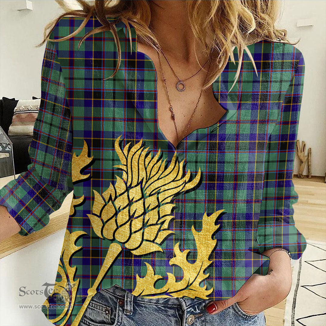 ScotsTee Shop Scottish Stevenson Clan Tartan Women Casual Shirt - Golden Thistle Style