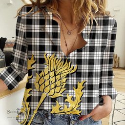ScotsTee Shop Scottish MacFarlane Black White Clan Tartan Women Casual Shirt - Golden Thistle Style