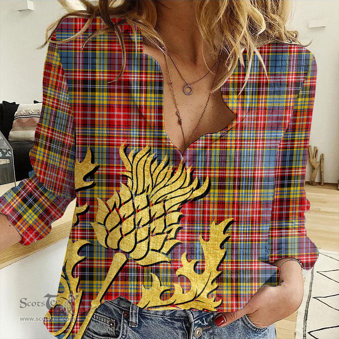 ScotsTee Shop Scottish Ogilvie of Airlie Ancient Clan Tartan Women Casual Shirt - Golden Thistle Style
