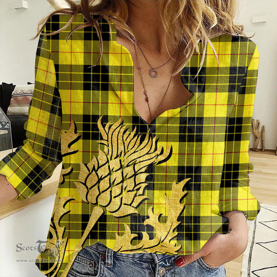 ScotsTee Shop Scottish MacLeod of Lewis Modern Clan Tartan Women Casual Shirt - Golden Thistle Style