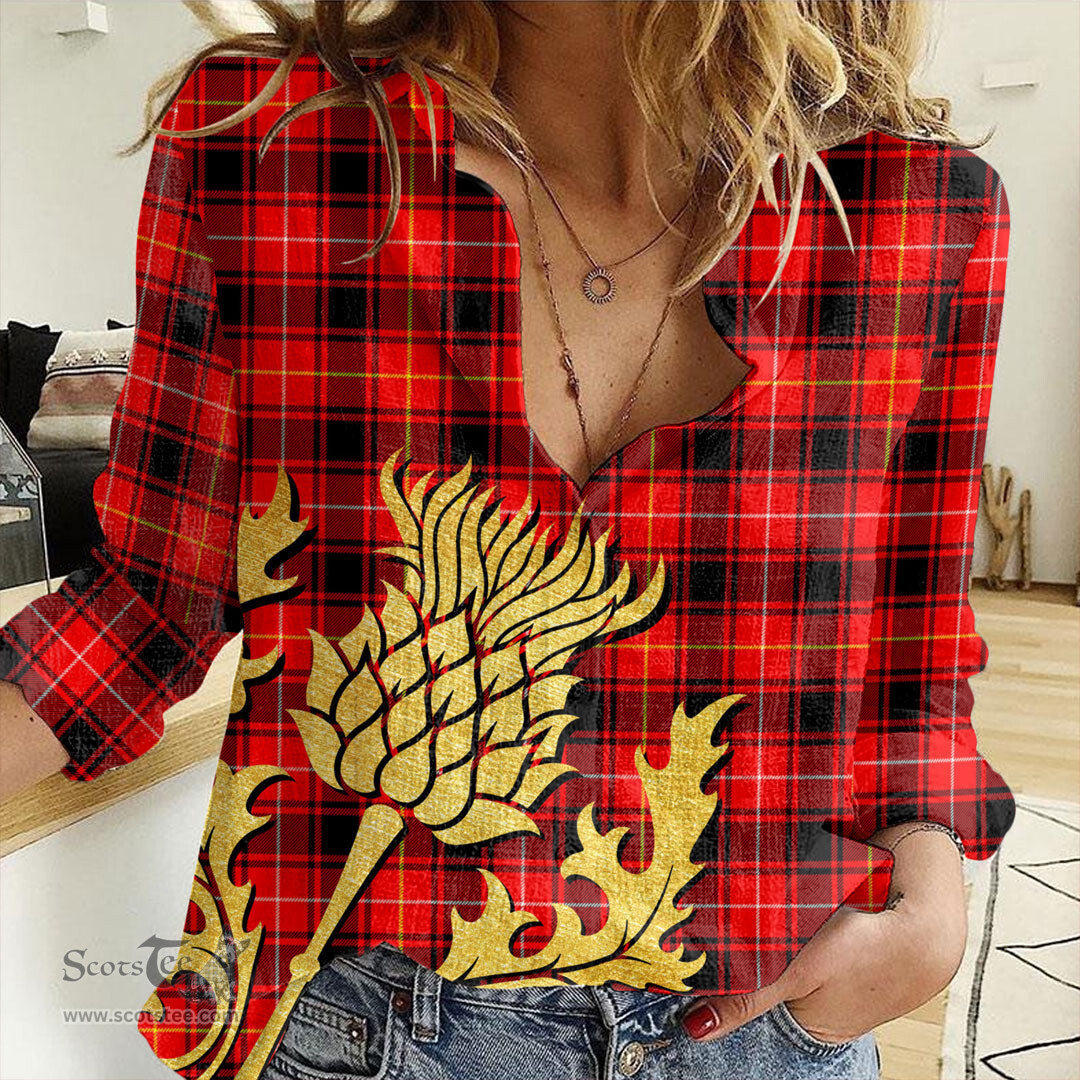 ScotsTee Shop Scottish MacIver Modern Clan Tartan Women Casual Shirt - Golden Thistle Style