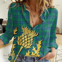 ScotsTee Shop Scottish Irvine Ancient Clan Tartan Women Casual Shirt - Golden Thistle Style