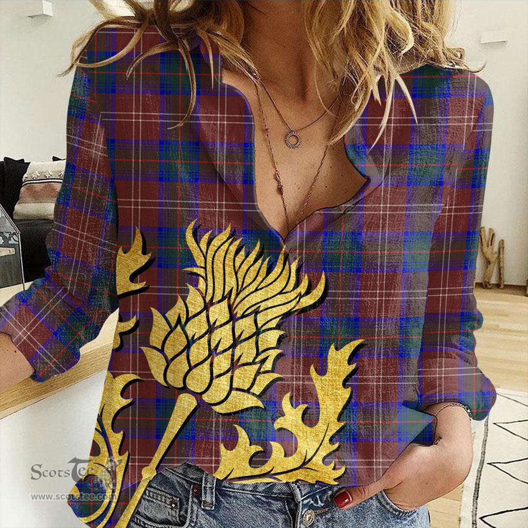 ScotsTee Shop Scottish Chisholm Hunting Modern Clan Tartan Women Casual Shirt - Golden Thistle Style