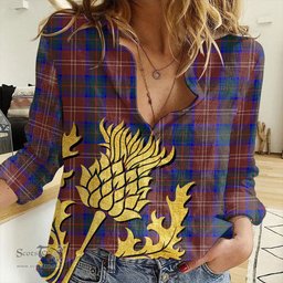 ScotsTee Shop Scottish Chisholm Hunting Modern Clan Tartan Women Casual Shirt - Golden Thistle Style