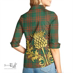 ScotsTee Shop Scottish Menzies Green Ancient Clan Tartan Women Casual Shirt - Golden Thistle Style