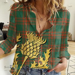 ScotsTee Shop Scottish Menzies Green Ancient Clan Tartan Women Casual Shirt - Golden Thistle Style