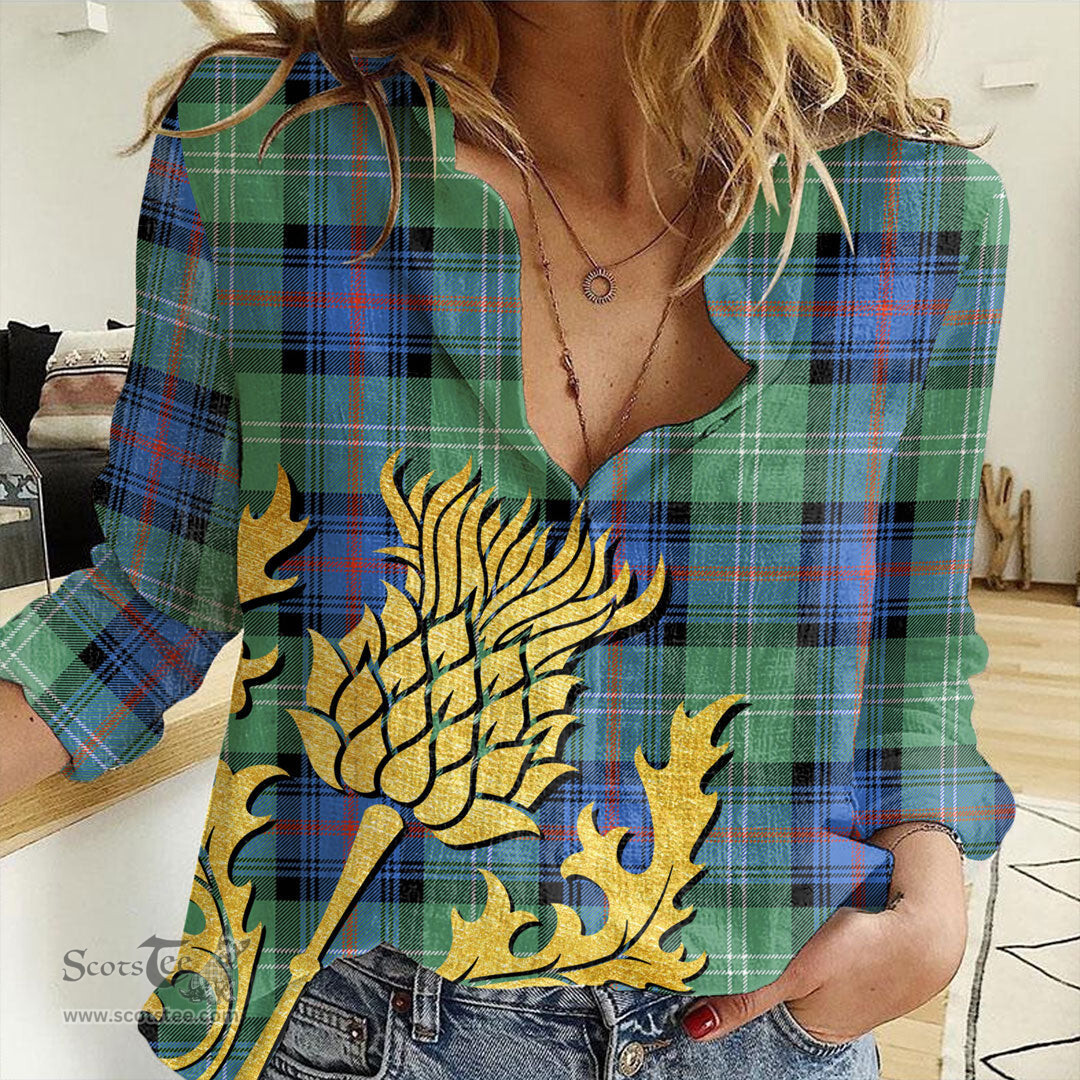 ScotsTee Shop Scottish Sutherland Old Ancient Clan Tartan Women Casual Shirt - Golden Thistle Style