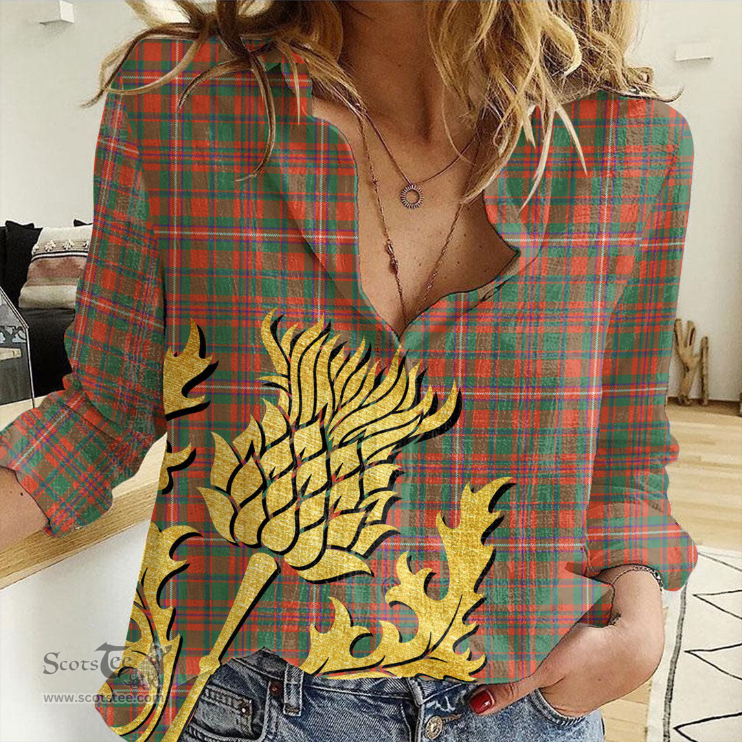 ScotsTee Shop Scottish MacKinnon Ancient Clan Tartan Women Casual Shirt - Golden Thistle Style