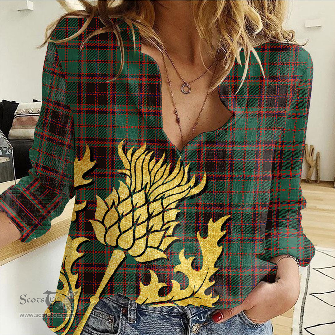 ScotsTee Shop Scottish Buchan Ancient Clan Tartan Women Casual Shirt - Golden Thistle Style