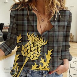 ScotsTee Shop Scottish Stewart Old Weathered Clan Tartan Women Casual Shirt - Golden Thistle Style