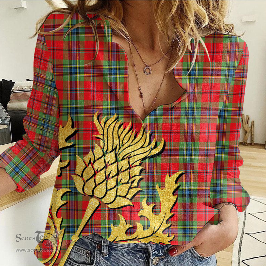 ScotsTee Shop Scottish MacLean of Duart Modern Clan Tartan Women Casual Shirt - Golden Thistle Style