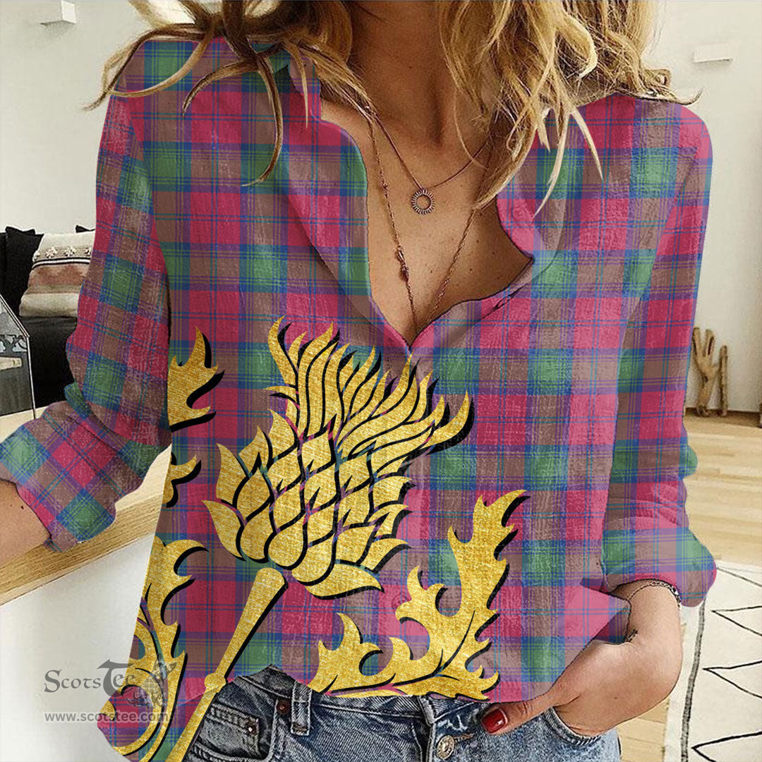 ScotsTee Shop Scottish Lindsay Ancient Clan Tartan Women Casual Shirt - Golden Thistle Style