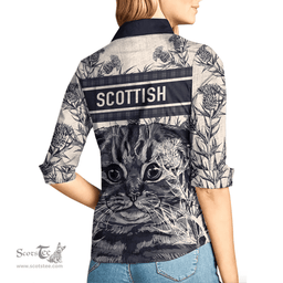 ScotsTee Shop Scottish Baskin Clan Crest Womens Scottish Fold Cat and Thistle Drawing Casual Shirt