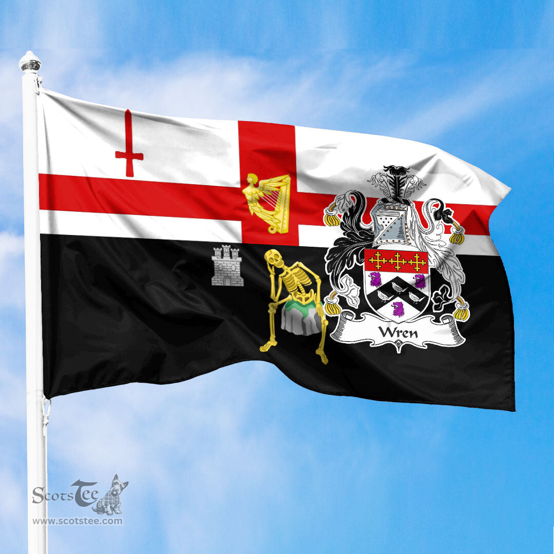 ScotsTee Shop Irish Wren or Wrenn Coat of Arms Irish Family Crest Derry City Flag