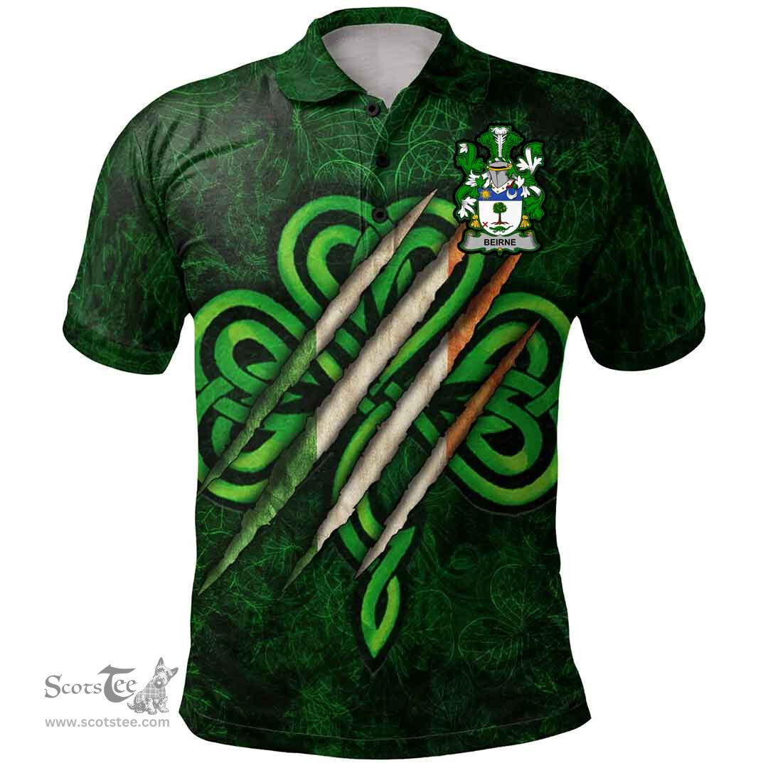 ScotsTee Shop Irish Beirne or O'Beirne Coat of Arms Irish Polo Shirt Irish In Me Shamrock Scratch