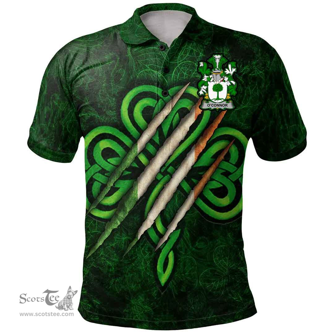 ScotsTee Shop Irish Connor or O'Connor (Don) Coat of Arms Irish Polo Shirt Irish In Me Shamrock Scratch