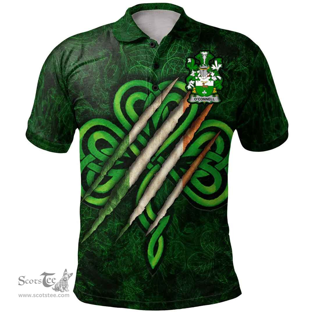 ScotsTee Shop Irish Connell or O'Connell Coat of Arms Irish Polo Shirt Irish In Me Shamrock Scratch