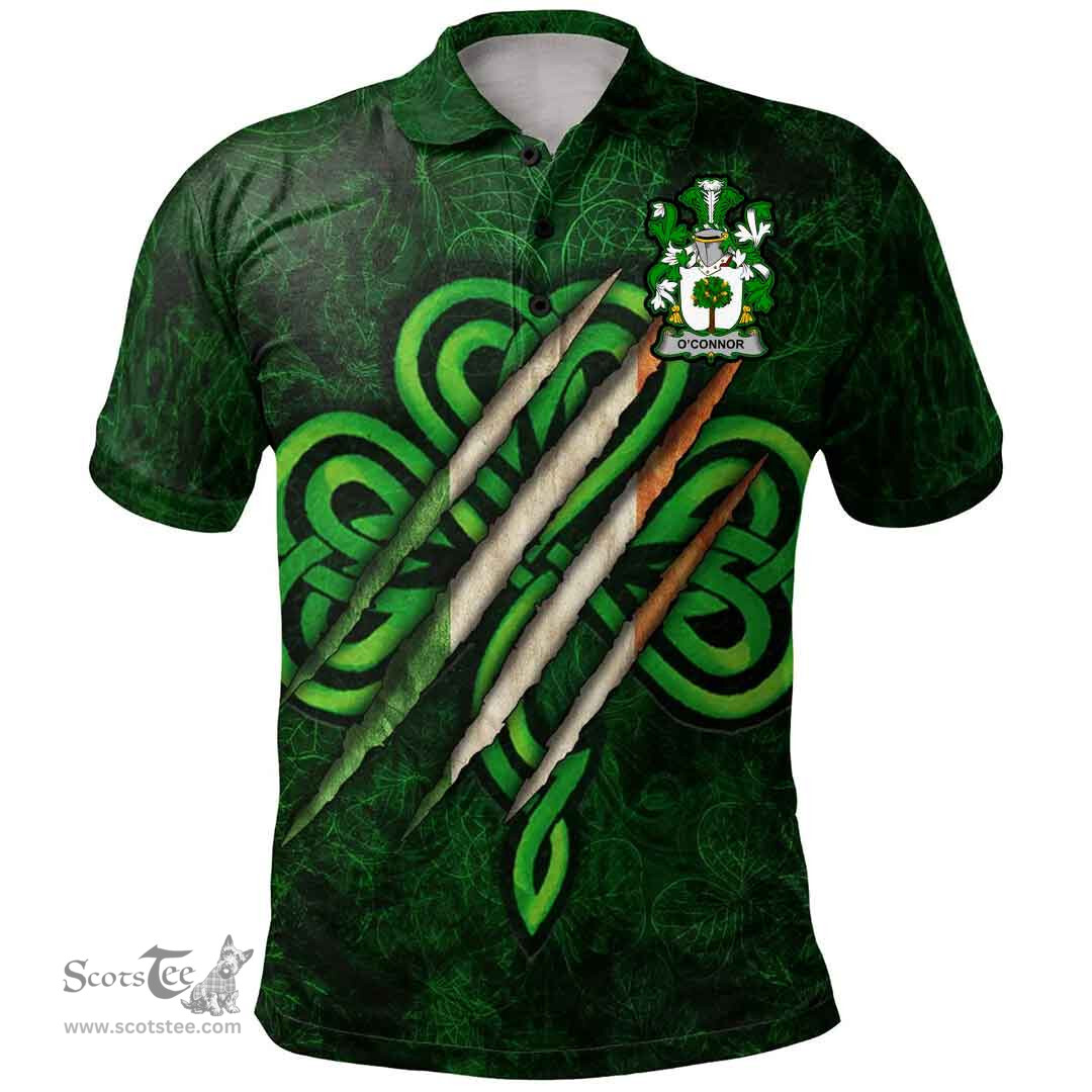 ScotsTee Shop Irish Connor or O'Connor (Faly) Coat of Arms Irish Polo Shirt Irish In Me Shamrock Scratch