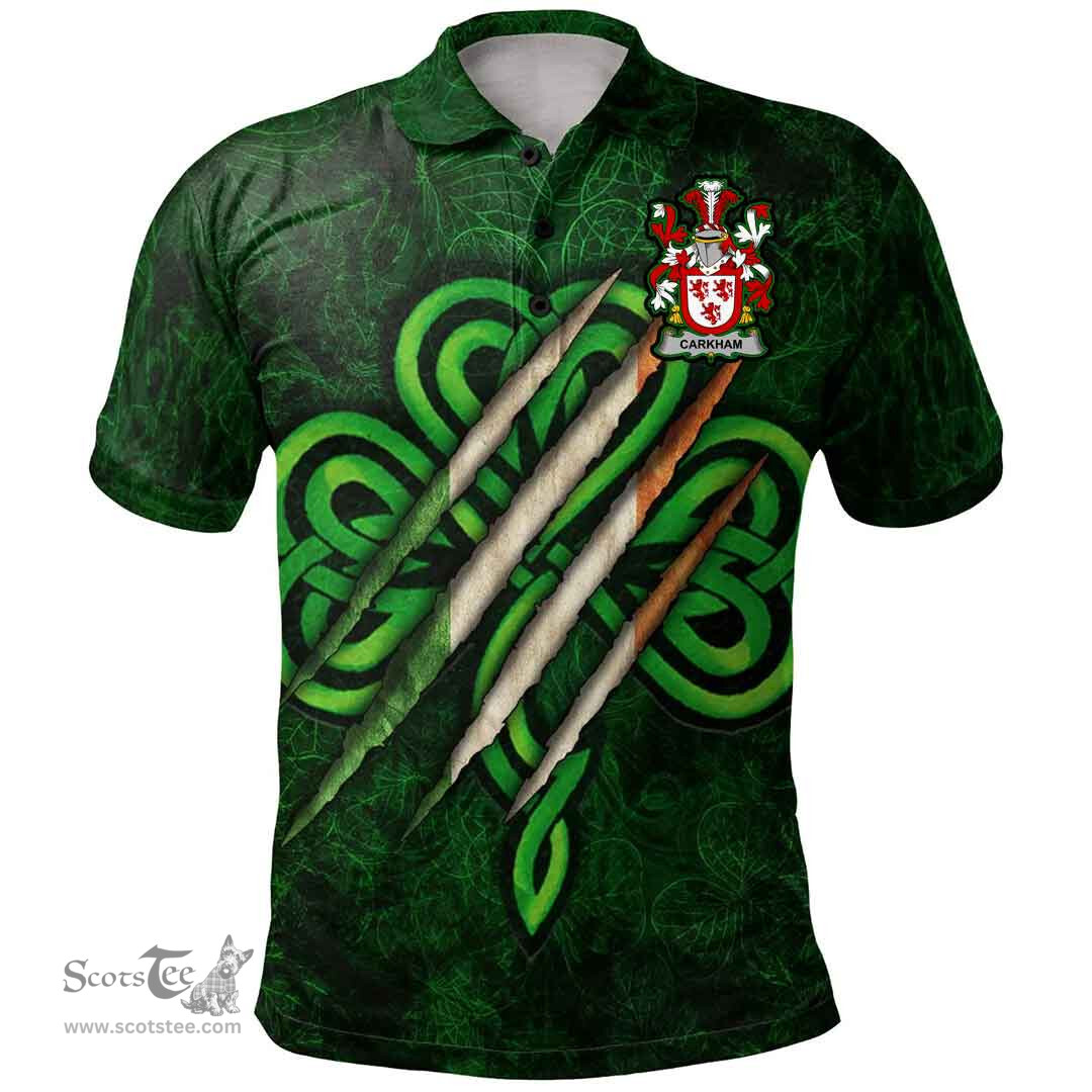 ScotsTee Shop Irish Carkham Coat of Arms Irish Polo Shirt Irish In Me Shamrock Scratch