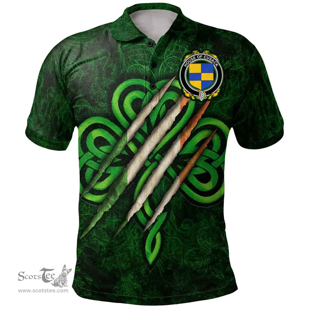 ScotsTee Shop Irish House of CUSACK Coat of Arms Irish Polo Shirt Irish In Me Shamrock Scratch