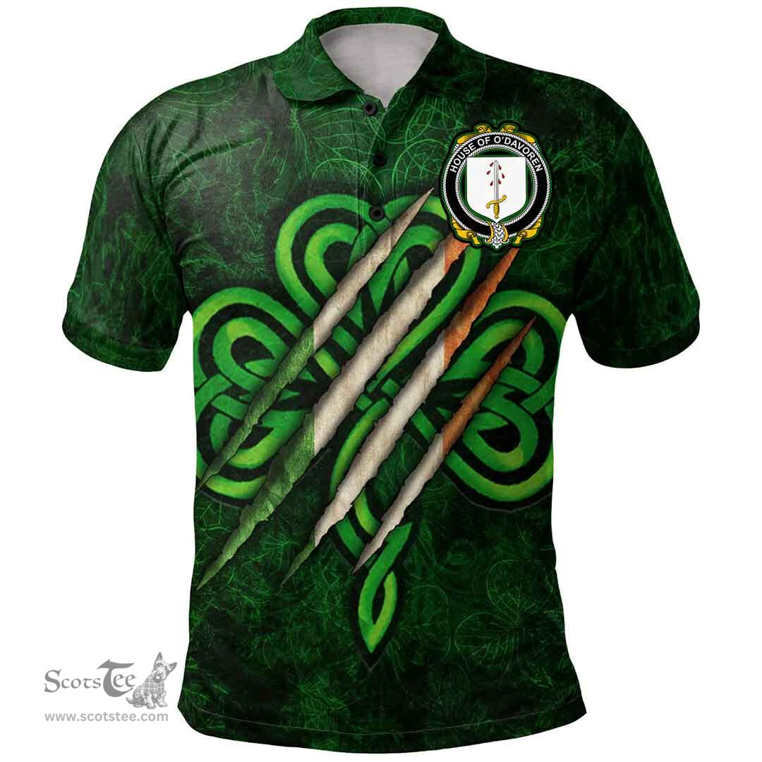 ScotsTee Shop Irish House of O'DAVOREN Coat of Arms Irish Polo Shirt Irish In Me Shamrock Scratch