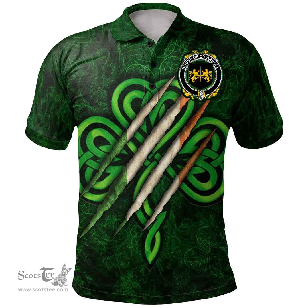 ScotsTee Shop Irish House of O'CARROLL Coat of Arms Irish Polo Shirt Irish In Me Shamrock Scratch