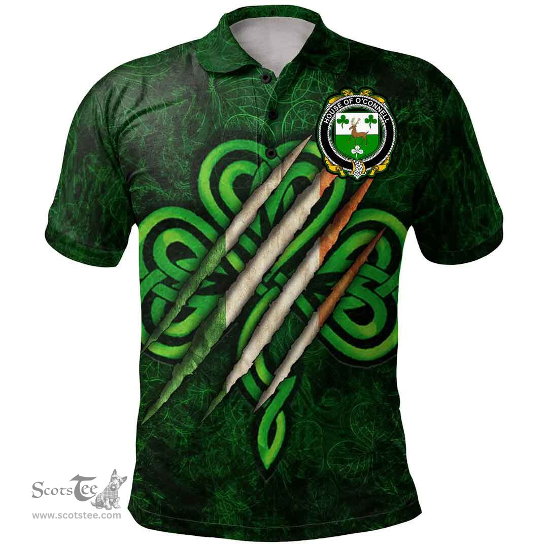 ScotsTee Shop Irish House of O'CONNELL Coat of Arms Irish Polo Shirt Irish In Me Shamrock Scratch