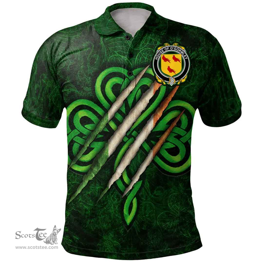 ScotsTee Shop Irish House of O'GORMLEY Coat of Arms Irish Polo Shirt Irish In Me Shamrock Scratch
