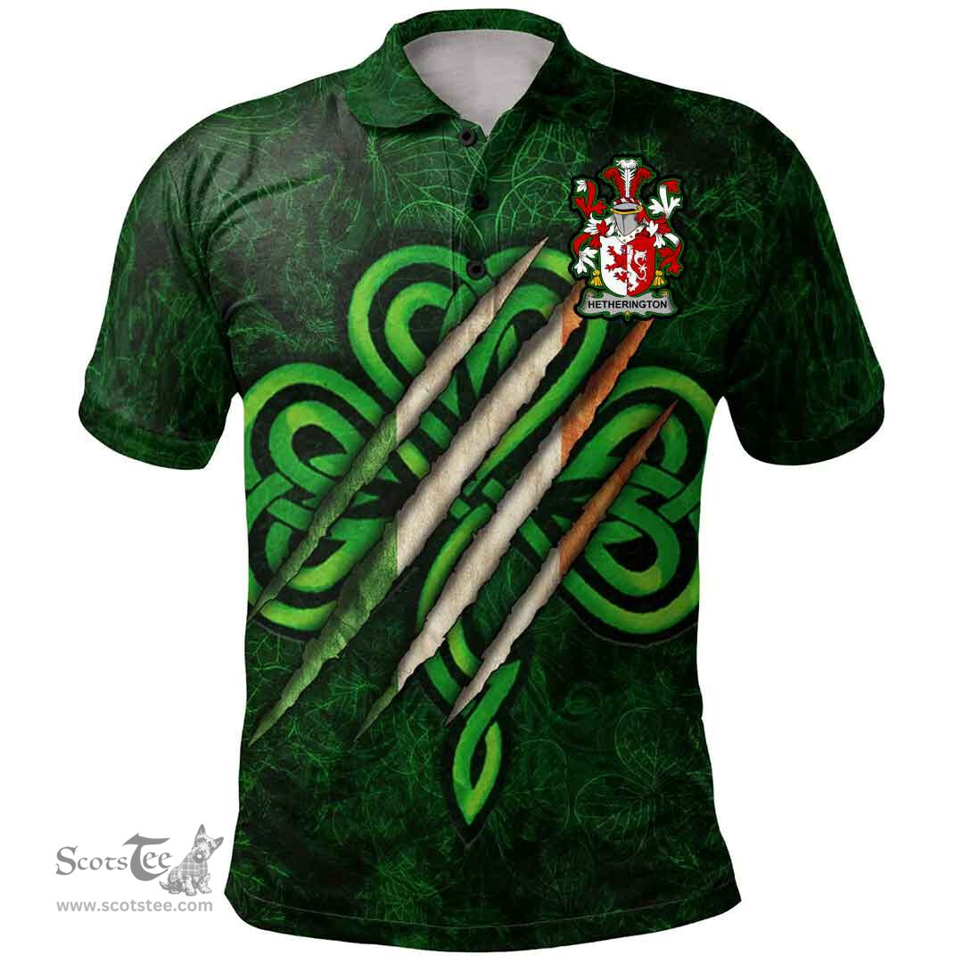 ScotsTee Shop Irish Hetherington Coat of Arms Irish Polo Shirt Irish In Me Shamrock Scratch