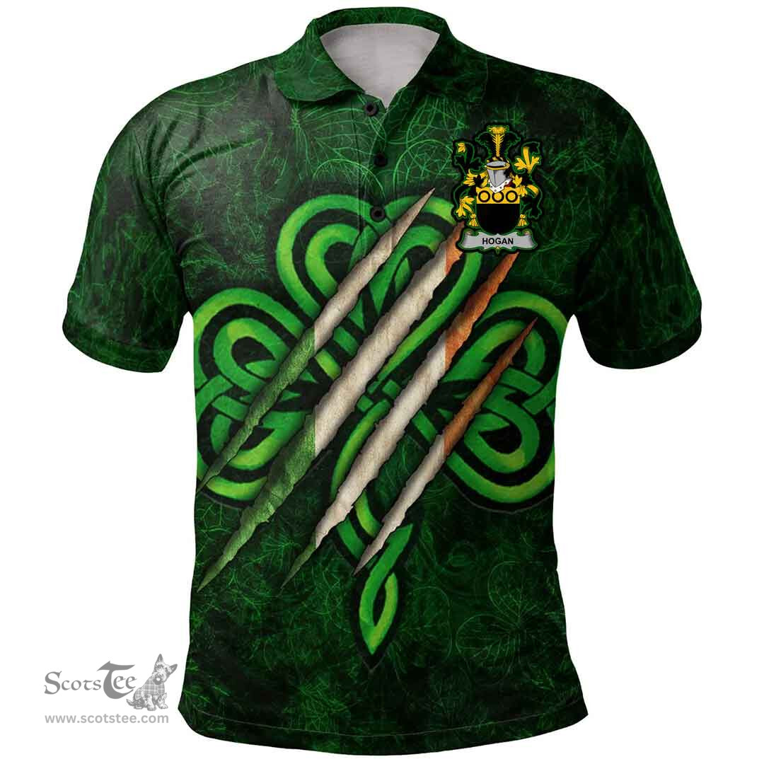 ScotsTee Shop Irish Hogan or O'Hogan Coat of Arms Irish Polo Shirt Irish In Me Shamrock Scratch
