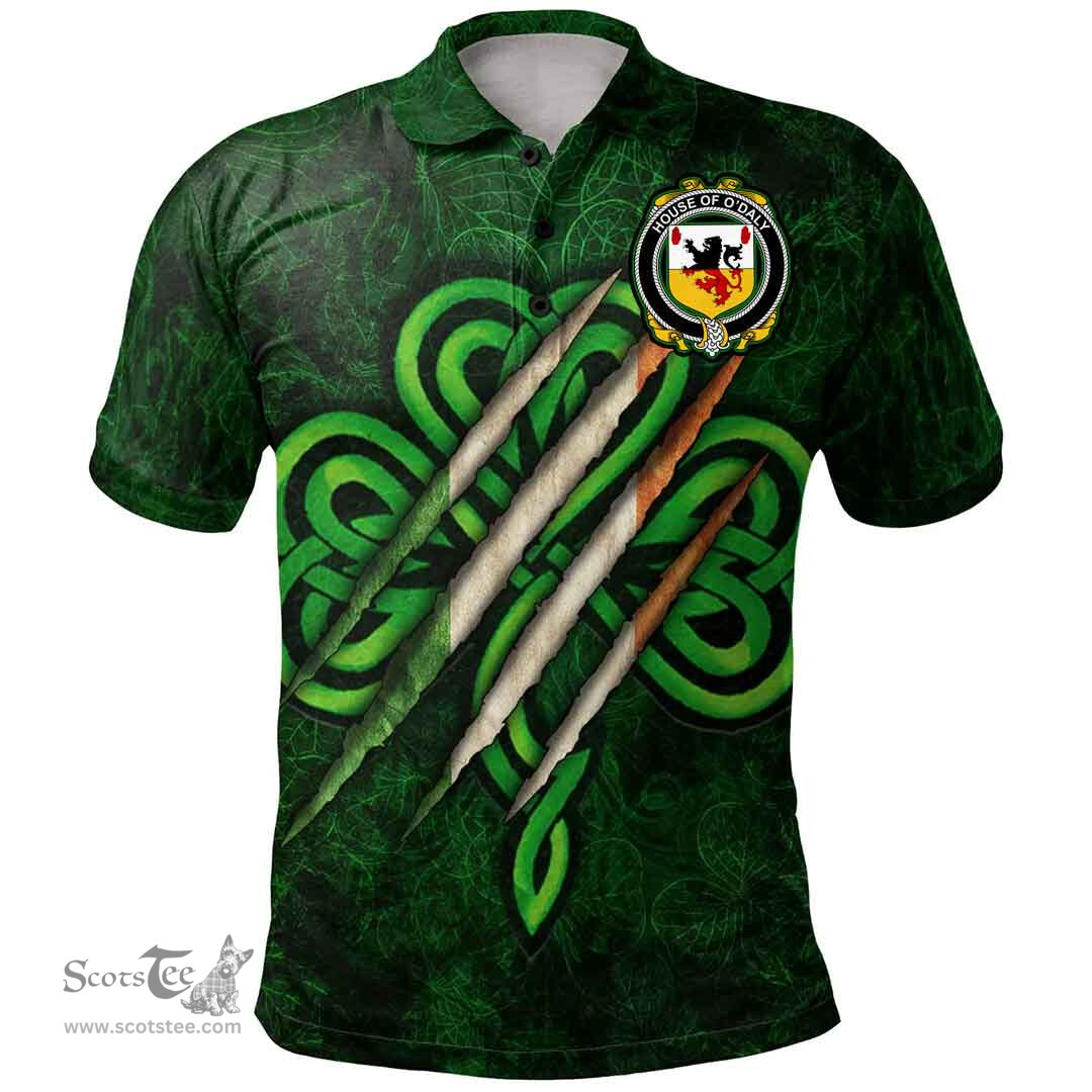 ScotsTee Shop Irish House of O'DALY Coat of Arms Irish Polo Shirt Irish In Me Shamrock Scratch