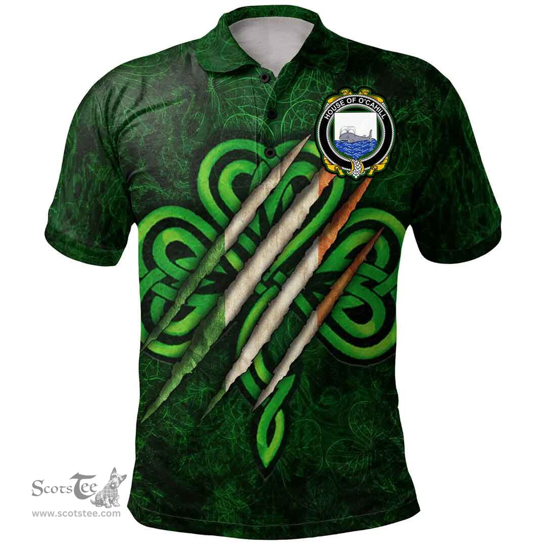 ScotsTee Shop Irish House of O'CAHILL Coat of Arms Irish Polo Shirt Irish In Me Shamrock Scratch