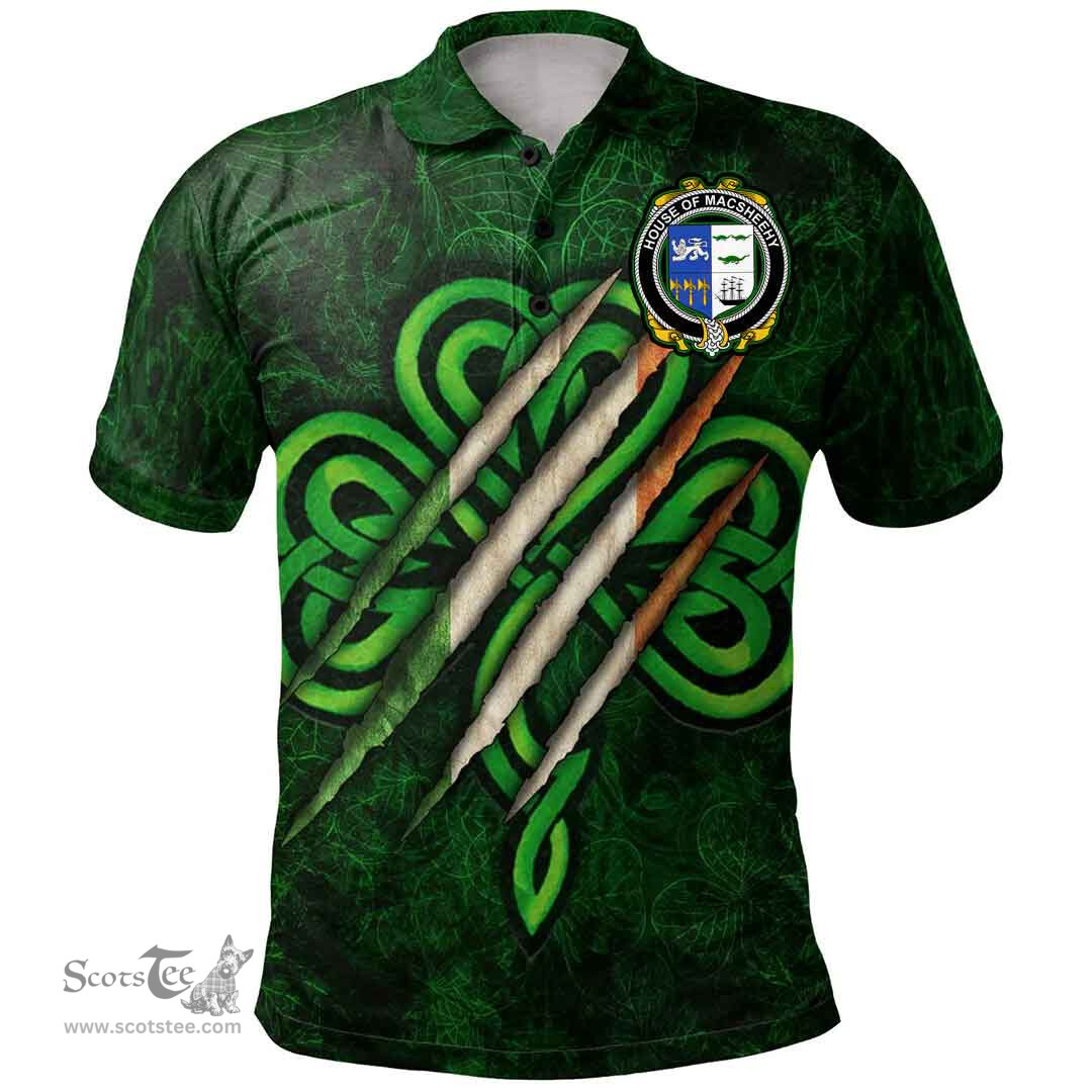 ScotsTee Shop Irish House of MACSHEEHY Coat of Arms Irish Polo Shirt Irish In Me Shamrock Scratch