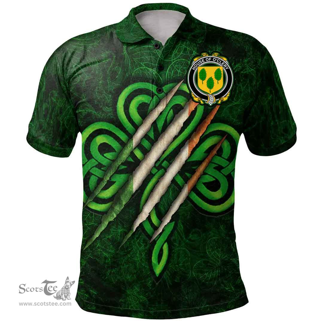 ScotsTee Shop Irish House of O'CLERY Coat of Arms Irish Polo Shirt Irish In Me Shamrock Scratch