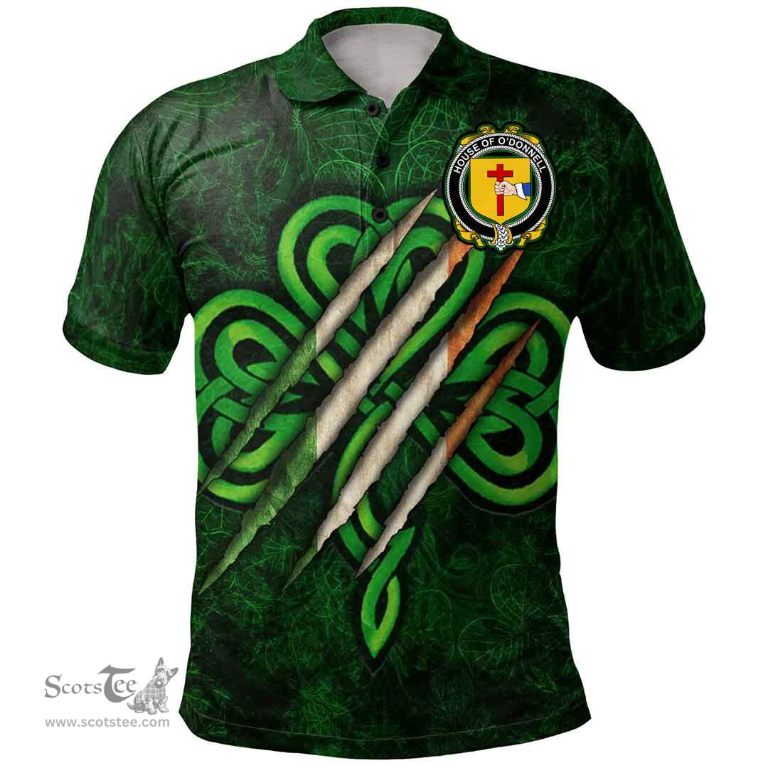 ScotsTee Shop Irish House of O'DONNELL Coat of Arms Irish Polo Shirt Irish In Me Shamrock Scratch