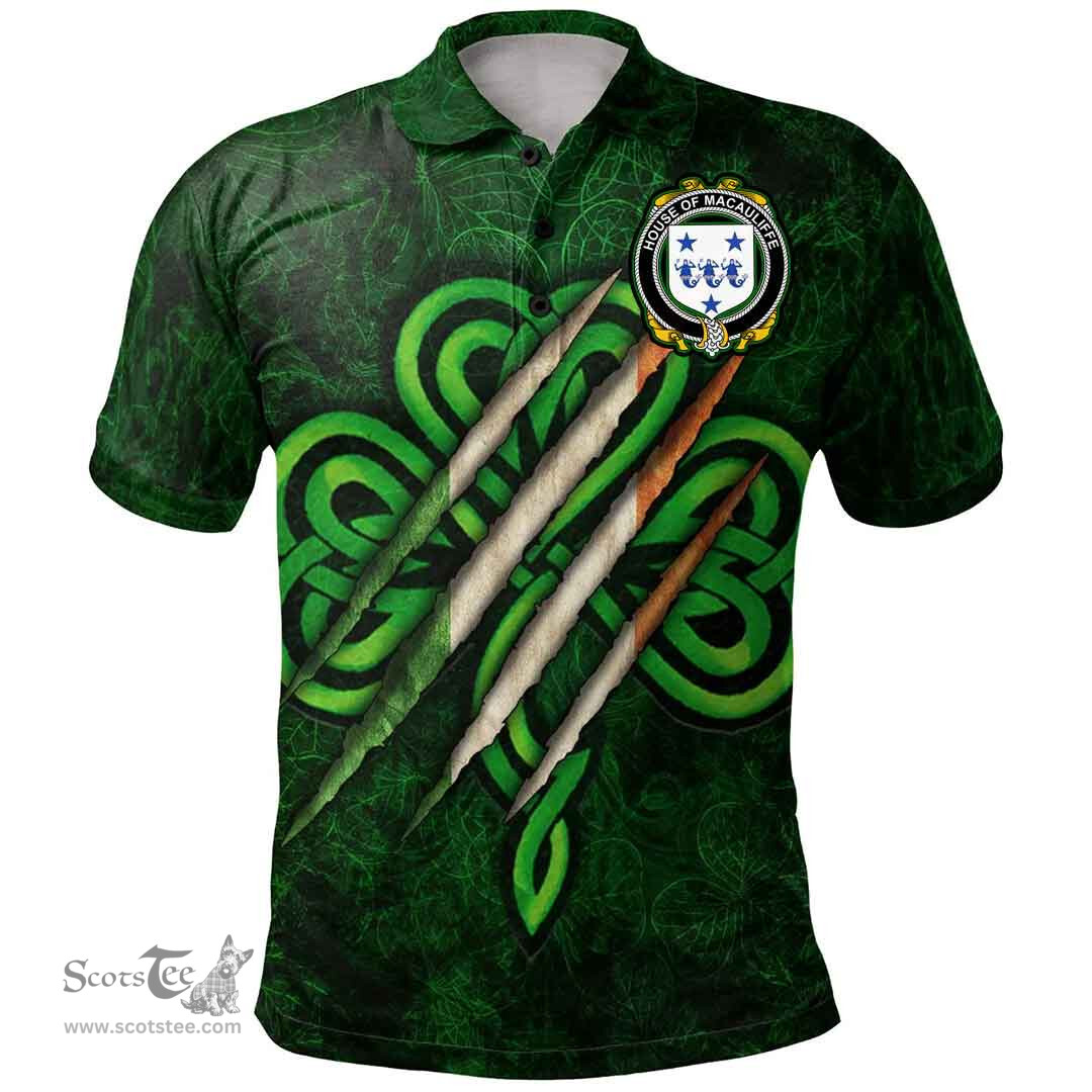 ScotsTee Shop Irish House of MACAULIFFE Coat of Arms Irish Polo Shirt Irish In Me Shamrock Scratch